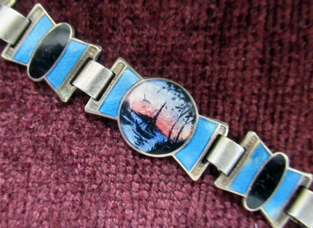 Vintage Sterling Norway Bracelet - Enamel Scenes - 7 1/4 Inches Wrist