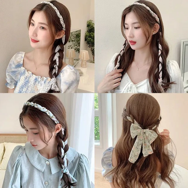 Elegant Pearl Hair Bands Long Ribbon Bow Girls Head Bands Pearl Braid Women Hair