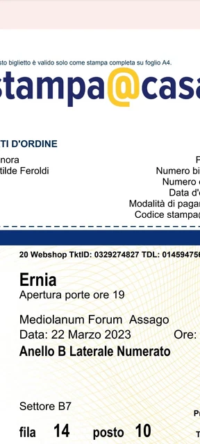 Concerto Ernia, 22 Marzo 2023 - ASSAGO FORUM. 1 biglietto anello B laterale