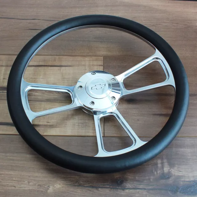 14" Inch Polished Steering Wheel Chevy Horn, 5 Hole Chevrolet Black Muscle Car