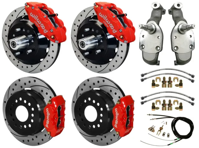 Wilwood Disc Brakes,13" Front & 12" Rear,2" Drop Spindles,65-70 Impala,Drill,Red