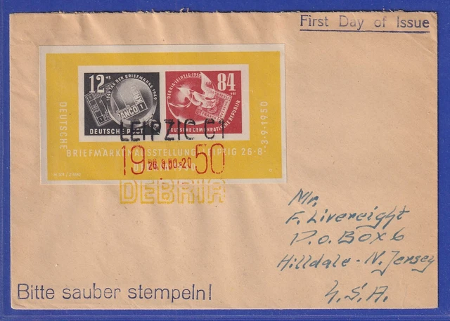 DDR 1950 DEBRIA-Block auf FDC, adressiert in die USA