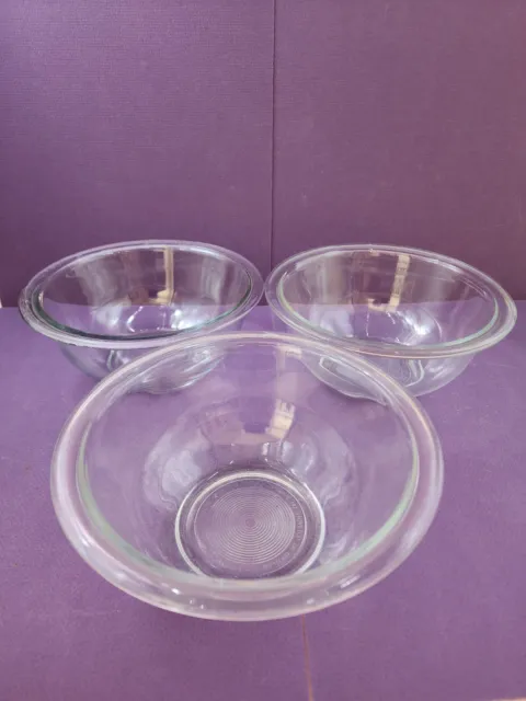3 Vtg PYREX Clear Nesting Mixing Bowls 322s only - 2 Spiral, 1 No Spiral bottom