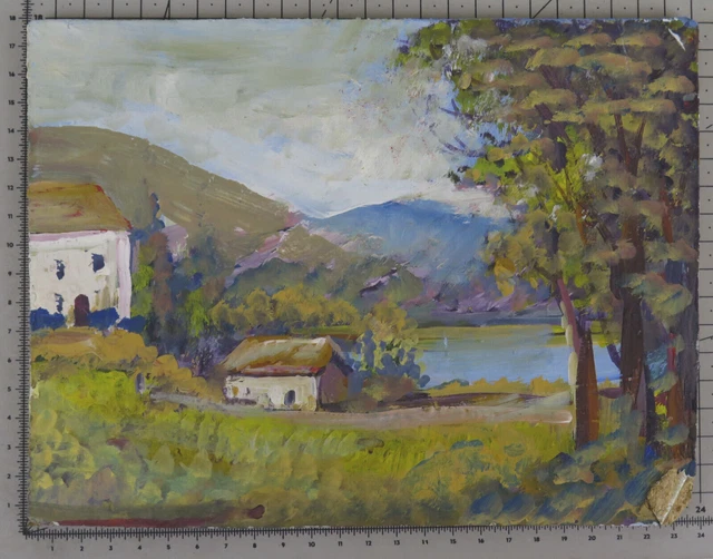 24x18 CM Viejo Cuadro Angular Óleo En Mesa Paisaje Campo Piedemonte X13