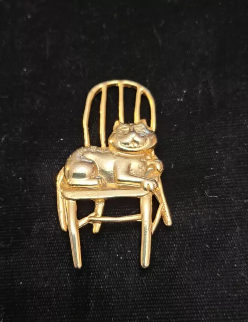 Vintage Gold Colored Cat  On Chair Brooch Lapel Pin JJ Jonette Jewelry