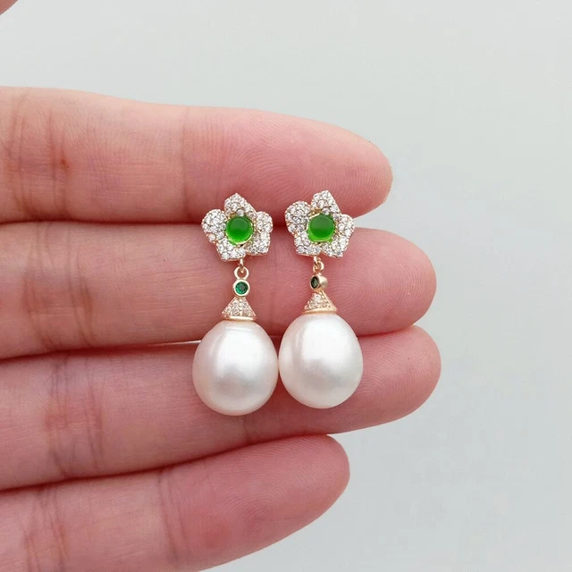 Female Cultured White Pearl Drop Earrings Cz Pave Stud Flower Dangle Earrings
