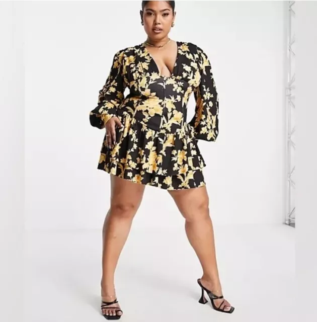 New ASOS CURVE Size 14 Black Floral Plunge Blouson CORSET MINI DRESS Women’s