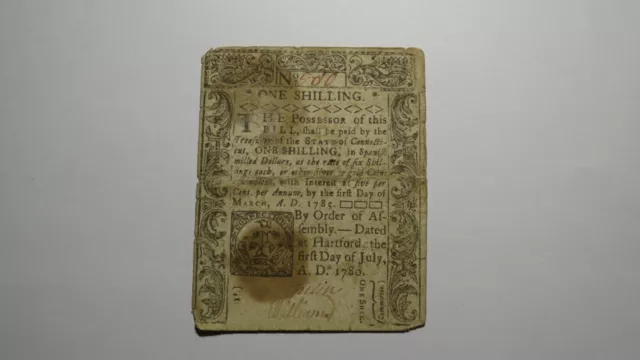 1780 One Shilling Hartford Connecticut CT Colonial Currency Note Bill RARE ISSUE