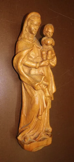 Figura: Maria Virgen con Niño sobre Base de Pie Madera Maciza Talladas a Mano
