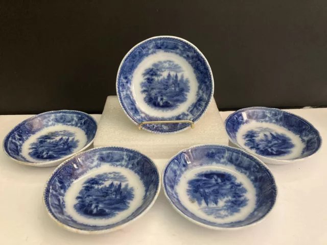 5 Antique Burgess & Leigh Nonpareil England Pottery Flow Blue Saucers ~ 4 3/4"