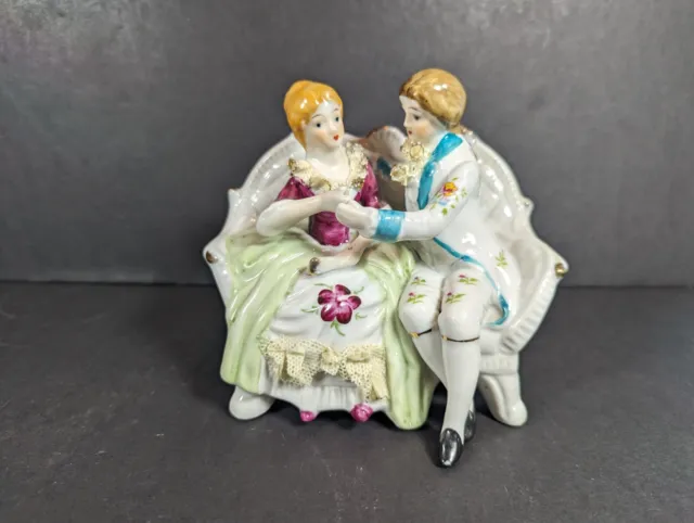 Antique Figurine, Victorian German Couple Sitting Hand Painted Bisque Porcelain