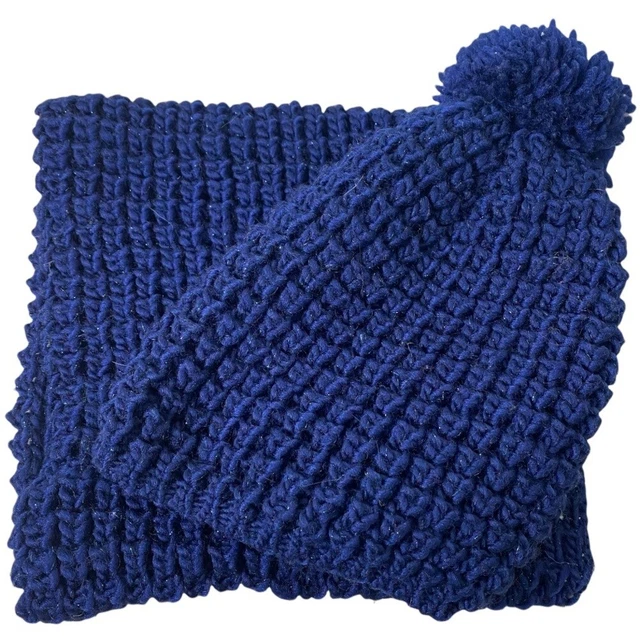 Matching Metallic Knit Infinity Scarf And Pom Pom Hat Set Blue One Size