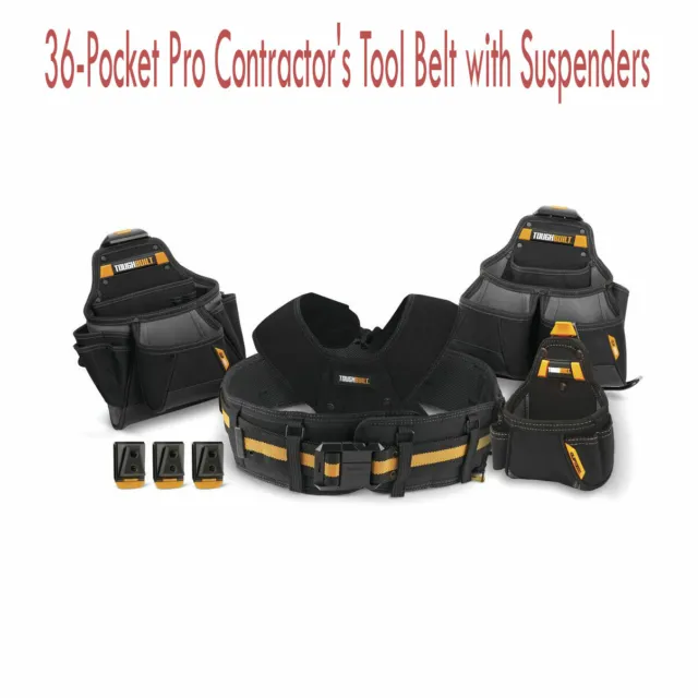 36-Pocket Pro Contractor's 5 Piece Rugged Pouch Padded Tool Belt With Suspenders