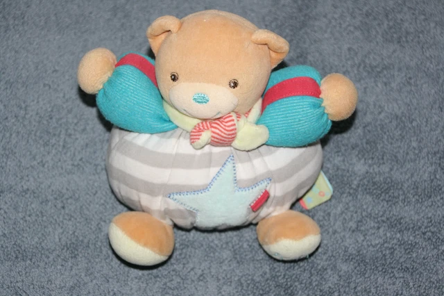 Kaloo Doudou Ours Boule Grelot Blanc Raye Gris Etoile Bras Bleu Etat Neuf