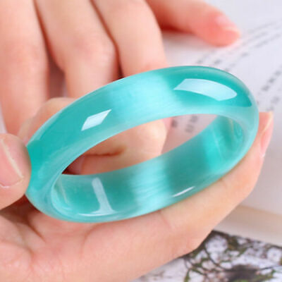 Hand Carved Beautiful Cat's Eye Jade Blue-Green Color Crystal Gems Bangle 62mm