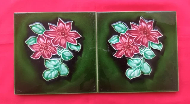 2 Piece Old Art Flower Design Embossed Majolica Ceramic Tiles England 0196