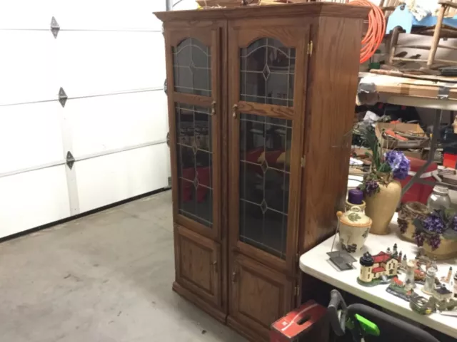 Oak with Leaded Glass Lighted Glass Shelf Display Cabinet