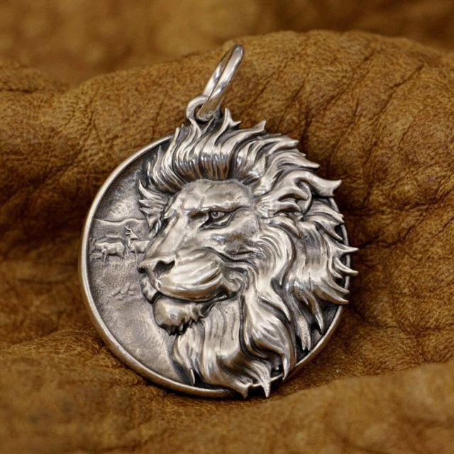 LINSION 925 Sterling Silver Embossed Lion Pendant Mens Punk Pendant TA337A JP