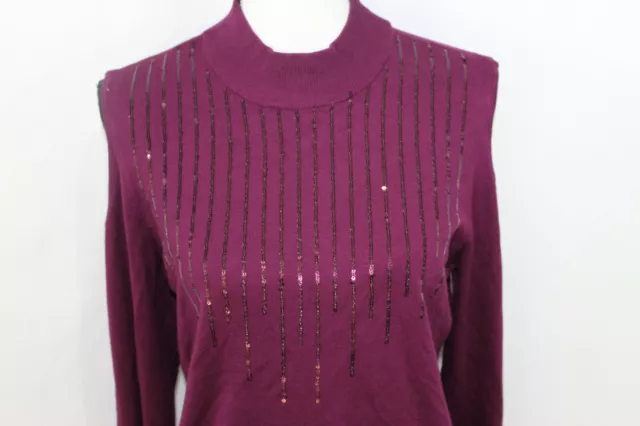 NWT Thalia Sodi Wine Purple Sequined Cold Shoulder Sweater L 2