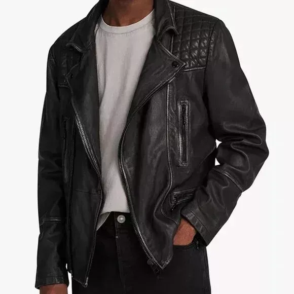 NWT ALLSAINTS Men's L Cargo Leather Biker Jacket Dark Grey Distressed Rocker New