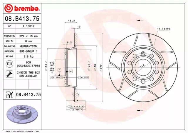 BREMBO 2x Disques de Frein Ø 272 Plein Fendue pour Cupra Formentor Seat Leon