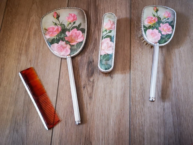 Vintage 4 Piece Floral/Roses Vanity Set 2x Brushes, Mirror & Comb FREE P&P