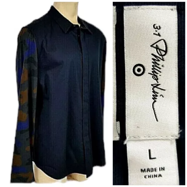3.1 Phillip Lim Shirt Mens Camo Large Button Up Navy Blue Long Sleeve Work