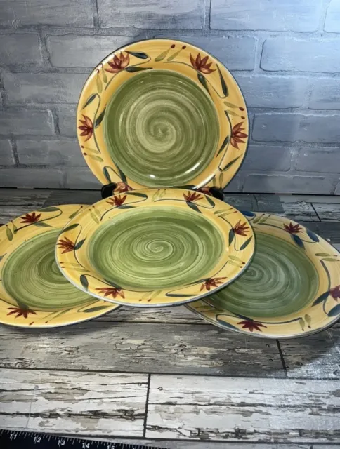 Pier 1 Elizabeth Hand Painted Floral Stoneware Dinner Plates - Set Of 4 PRISTINE