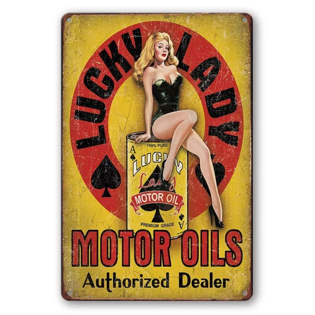 2X Tin Sign MOTOR OILS LUCKY LADY authorized Dealer Rustic Look Decorative