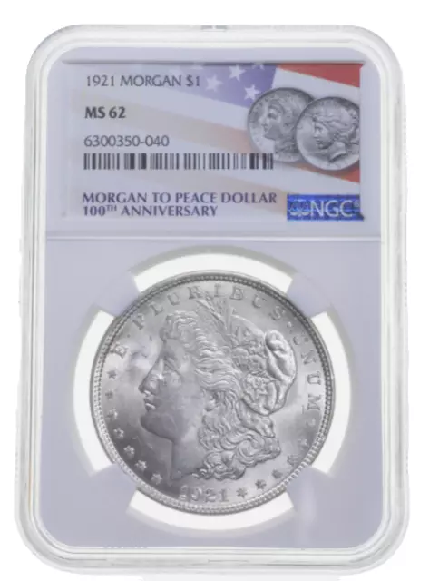 NGC slab Mint State MS62 1921 Morgan Silver Dollar 2021 Label 100th anniversary