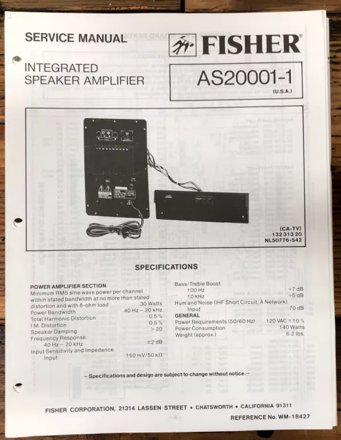 Fisher AS20001-1 Speaker / Amplifier  Service Manual *Original*