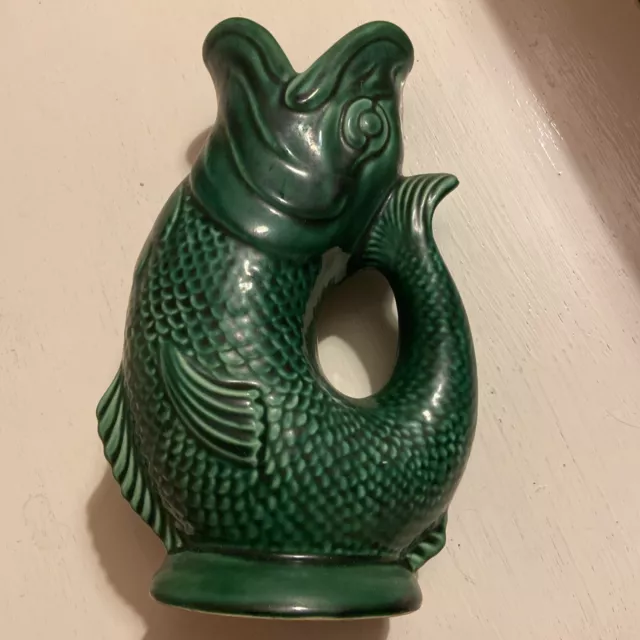 Vintage Dartmouth Pottery Fish Jug, Green Gluggle Jug, Large. 24cm X 15cm.