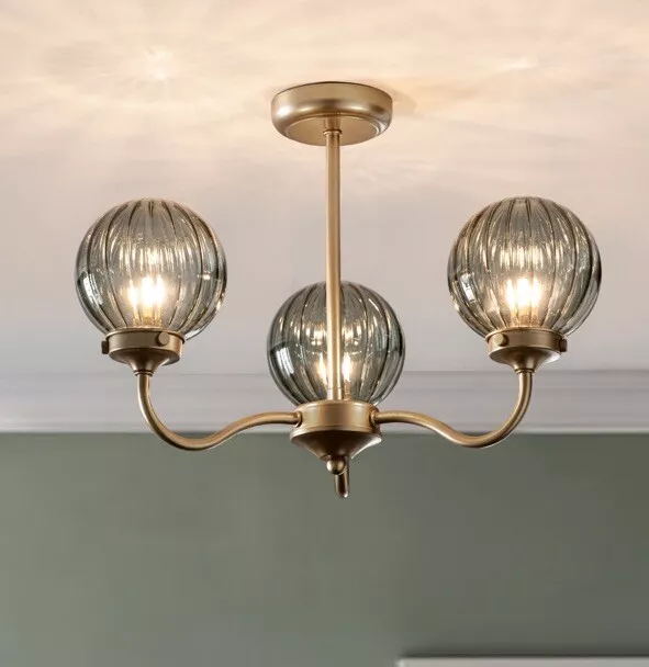 Next Grey Bourton 3 Light Flush Fitting Ceiling Light Brass Pendant Chandelier