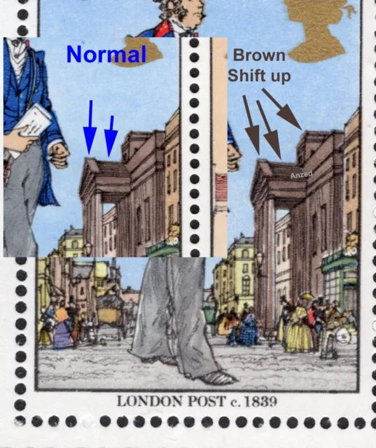 GB Errors: Green & Brown shift 10p & 13p stamps MS1099 Rowland Hill 1979-yz6840A 2