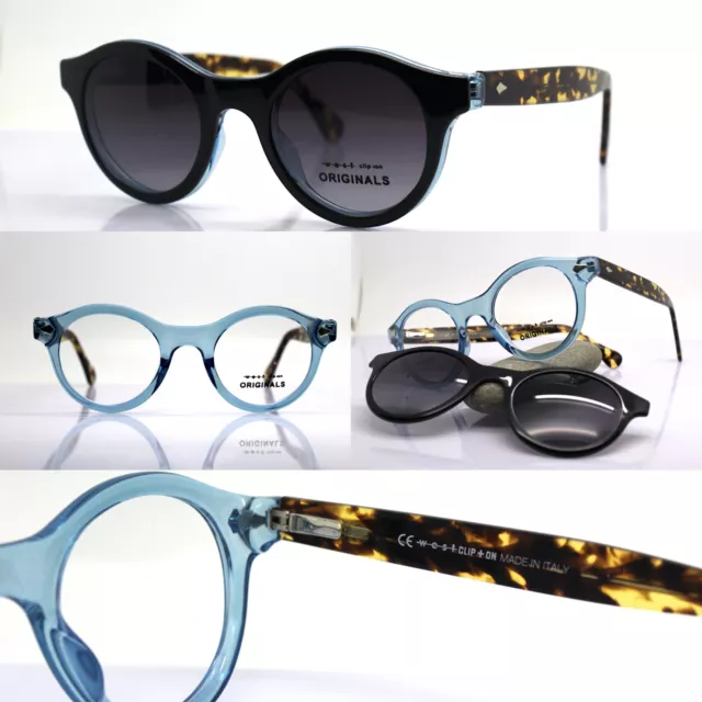 Montura de Gafas Y Sol Con Clip-On Redondo Azul Negro Havana West Made IN Italia