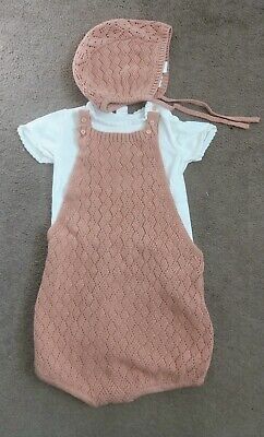 NEW H&M Girls 3 Piece Knit Cotton Set with Bonnet Hat Age 3-4 Years Beige Pink