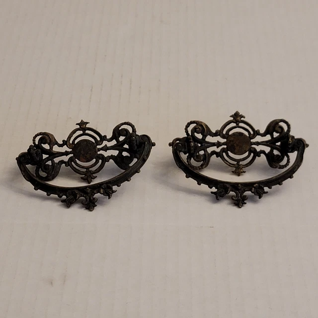 Pair 2 Antique Victorian Brass Drawer Pulls Intricate Ornate Decorative Hardware