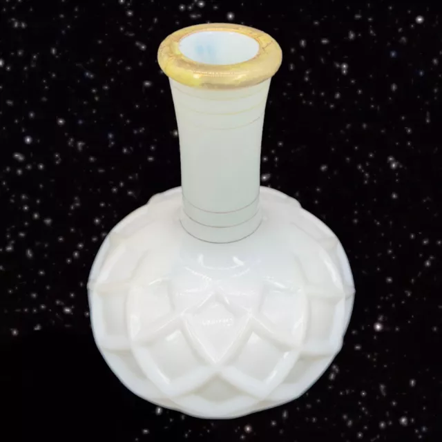 Antique Fenton Opalescent Milk Glass Vase Diamond Lattice Pattern Bottle 5”T 2