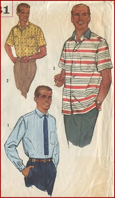 1950s Vintage Button Down Collar Long Sleeve Shirt Simplicity 2081 Mens 38 - 40