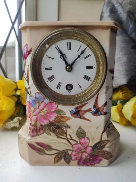 V.PRETTY ANTIQUE ROYAL BONN PORCELAIN MANTEL CLOCK/TIMEPIECE-GUSTAV BECKER c1885