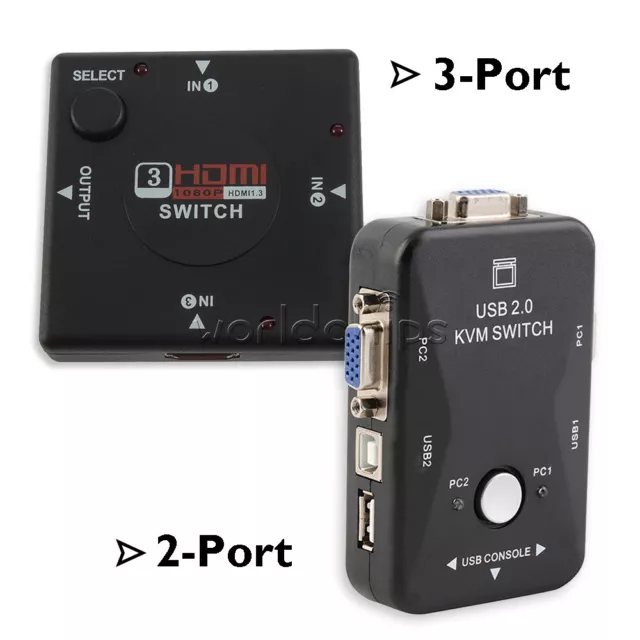 2/3 Port KVM HDMI Switch Box USB 2.0 VGA/SVGA For Sharing Monitor Keyboard Mouse