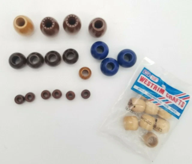 Lot of Wood Macrame Craft Beads Dark Light Brown Blue Vintage Crafting Round 2