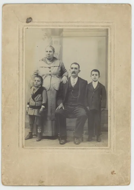 Antique Circa 1900s Large Cabinet Card Immigrant Mother, Father & Two Young Boys