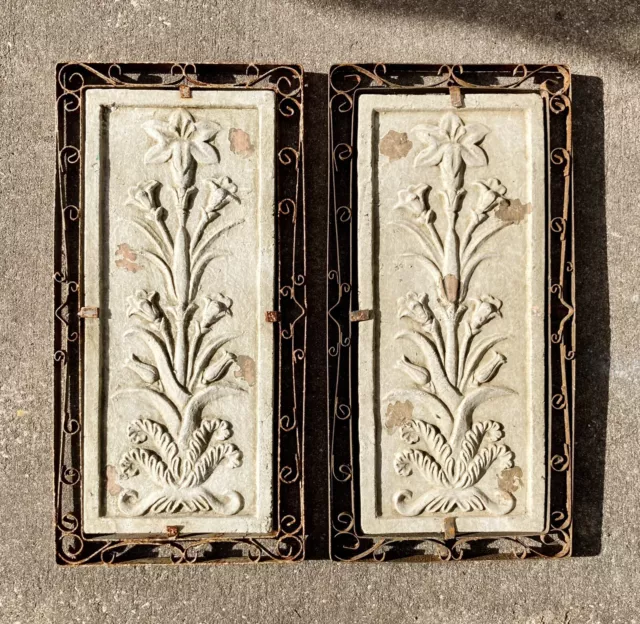 Pair of Large Antique Glazed Terra Cotta Architectural Tiles Lilies Victorian