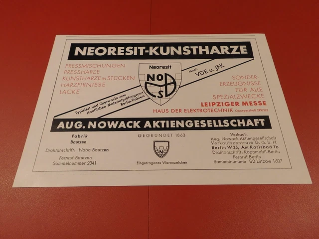 Aug. Nowack AG Bautzen, NEORESIT - KUNSTHARZE .:Werbeanzeige 1934