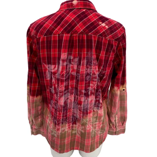 Arizona Womens Plaid Shirt Size XL Upcycled Snap Up Ombre Bleach Stencil Red