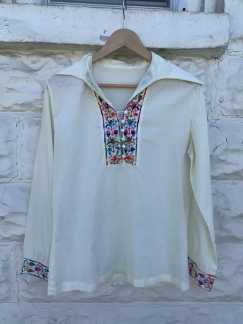 VINTAGE 1970’S PEASANT Blouse Women’s Ivory Embroidery Hippy Ethnic $45 ...