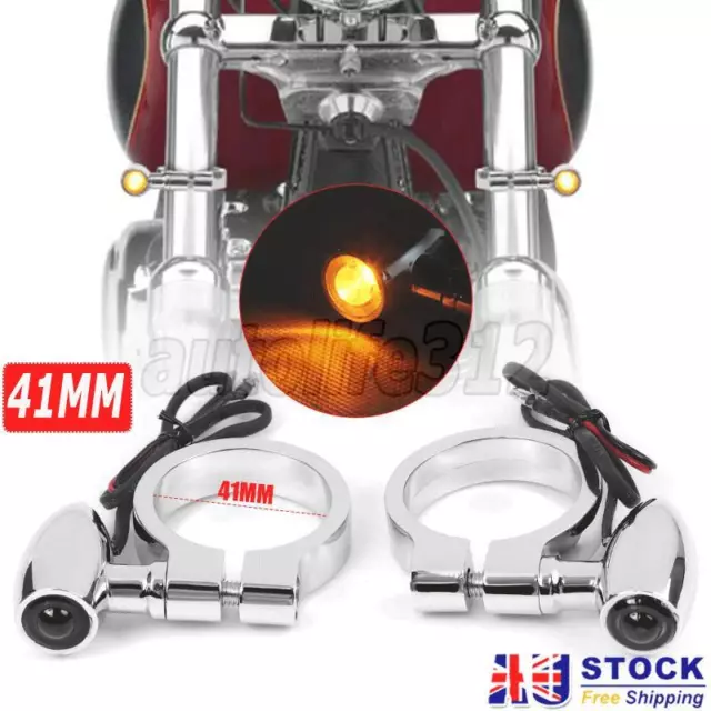 2x Motorcycle LED Turn Signal Lights Amber Indicator 41mm Fork Tube Clamp Chrome
