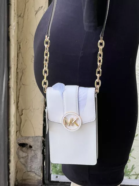 MICHAEL KORS CARMEN SMALL N/S PHONE Chain Shoulder X-body Bag In LT SAND  Gold