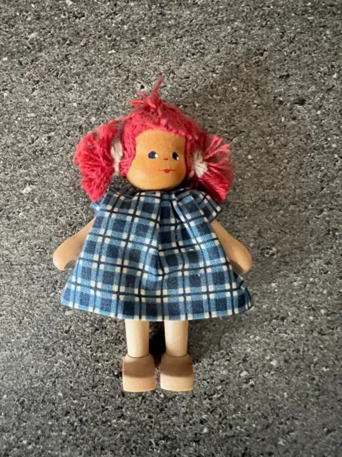 Erbe: Puppe Holzpuppe Biegepuppe Anne KREBS  Mädchen mit blauem Kleid rote Haare